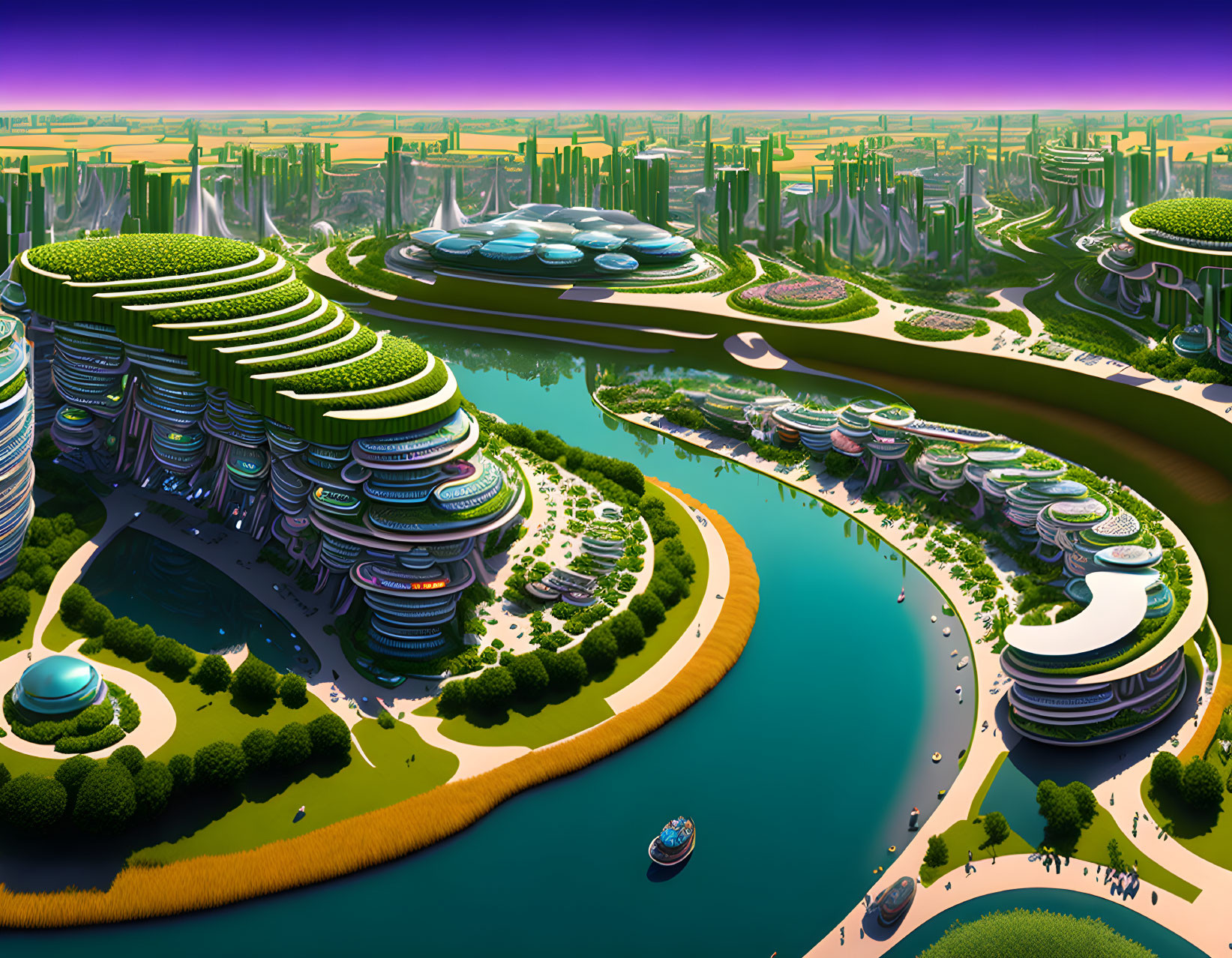 Futuristic cityscape with green terraces, rivers, advanced architecture, and foliage