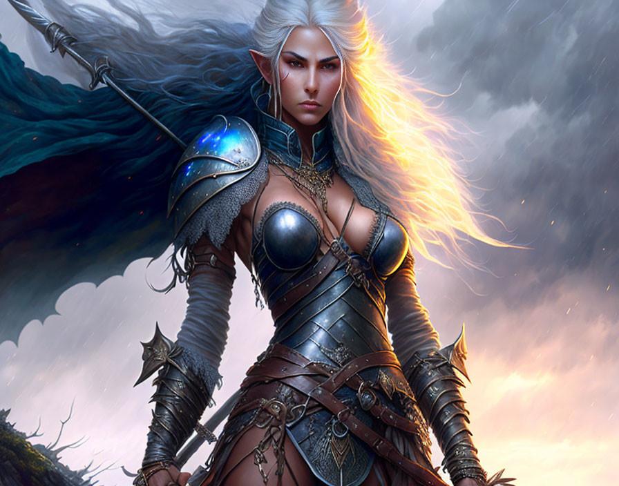 White-haired female elf in armor under stormy sky with stern expression