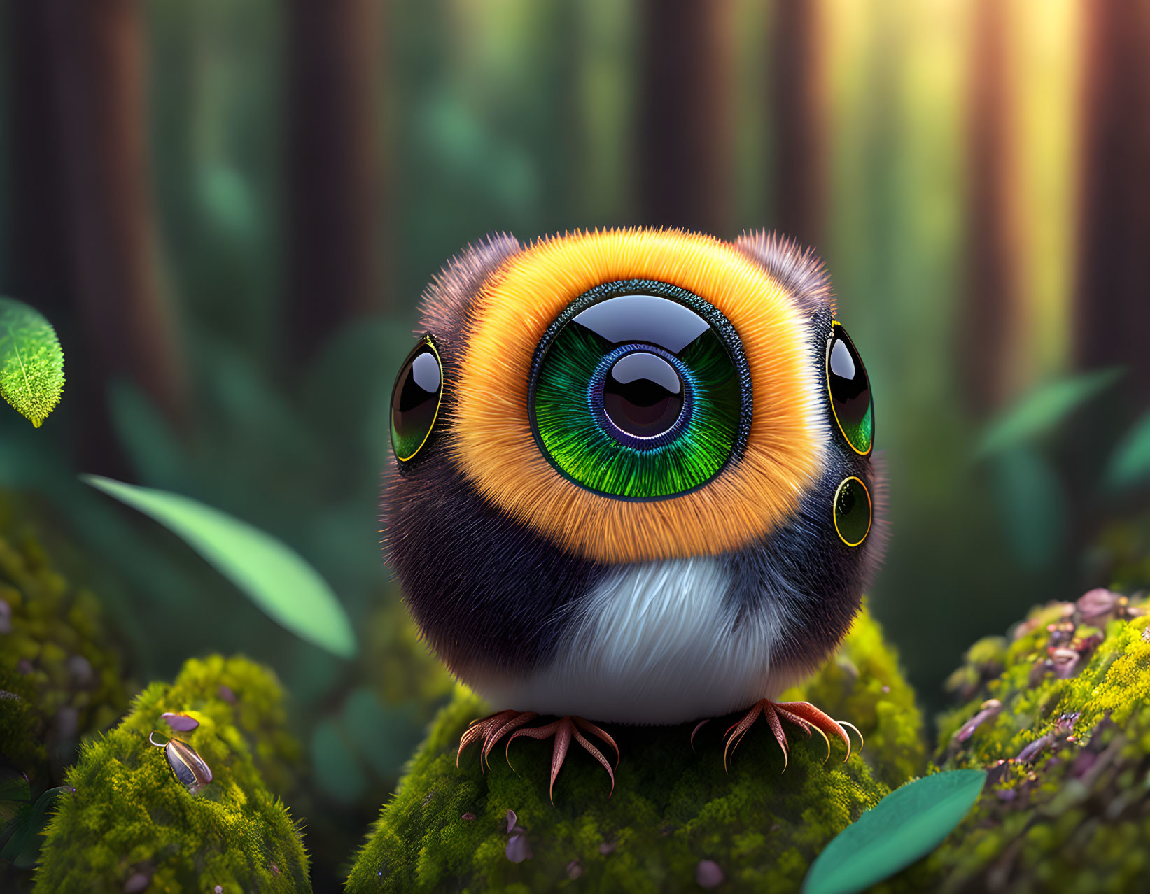 Colorful spherical creature with large green eyes in enchanted forest