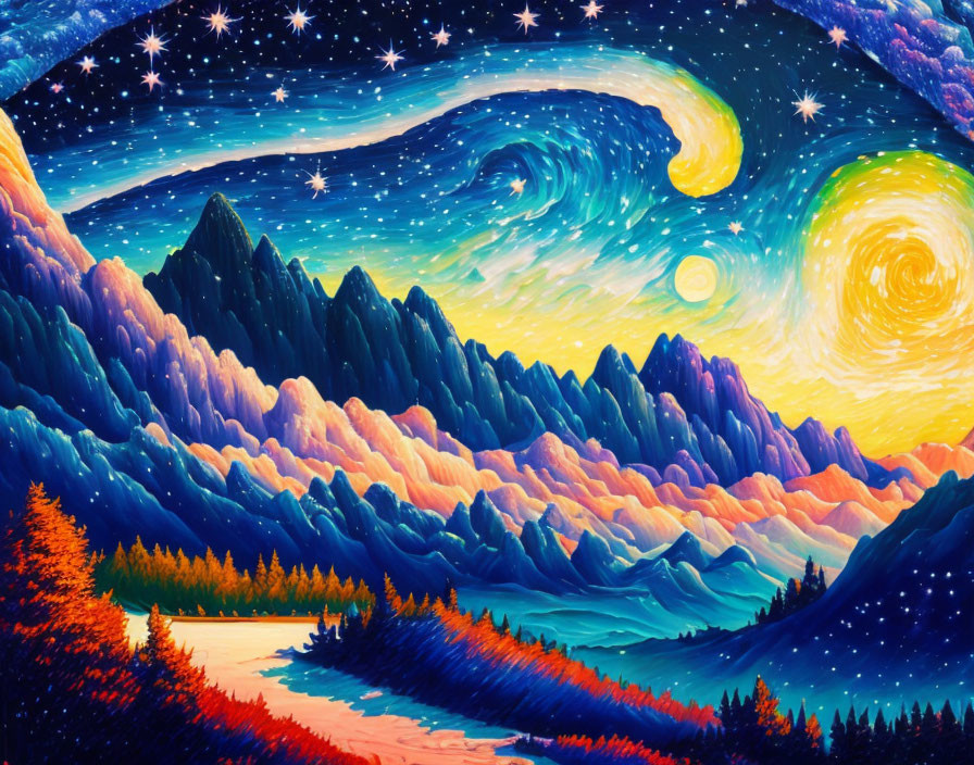 Colorful Mountain Landscape Painting with Starry Sky and Dawn Hues