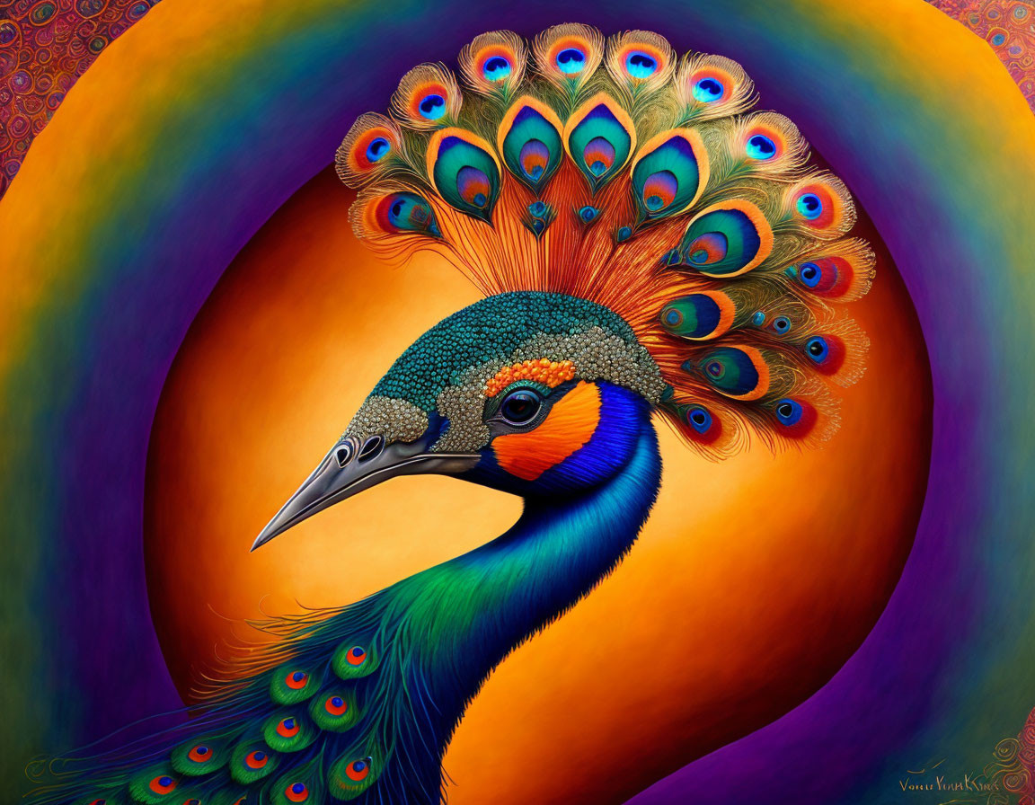 Colorful Peacock Digital Art in Blue, Green & Orange