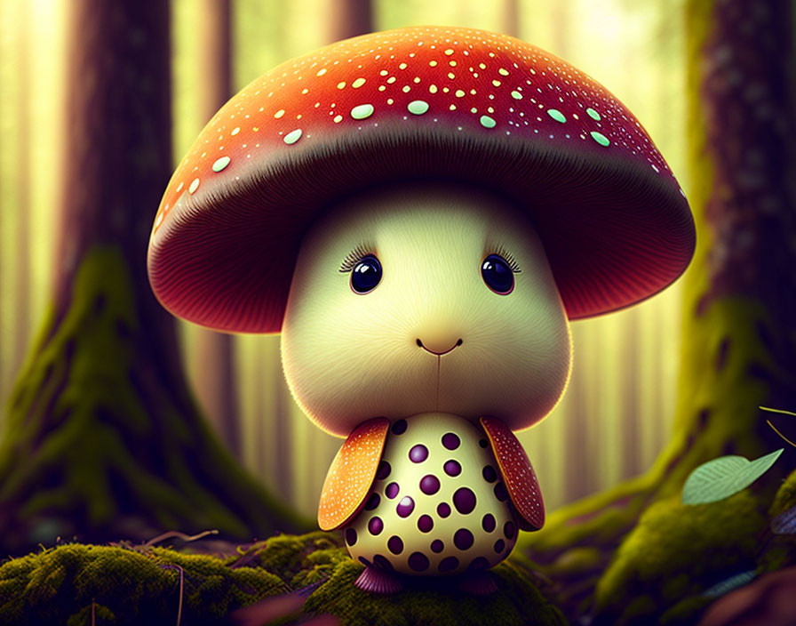 Fantasy creature with red and white mushroom cap head in lush forest