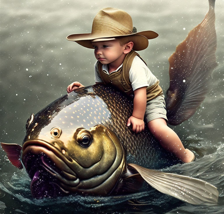 Child on Fish Hat: Whimsical Water Ride