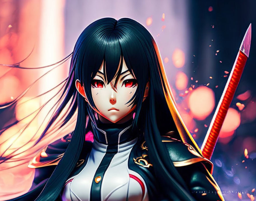 Long-haired female anime character wields red-bladed weapon in fiery setting