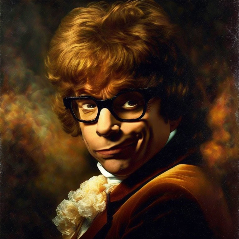 Smiling person with curly hair in glasses and velvet jacket portrait