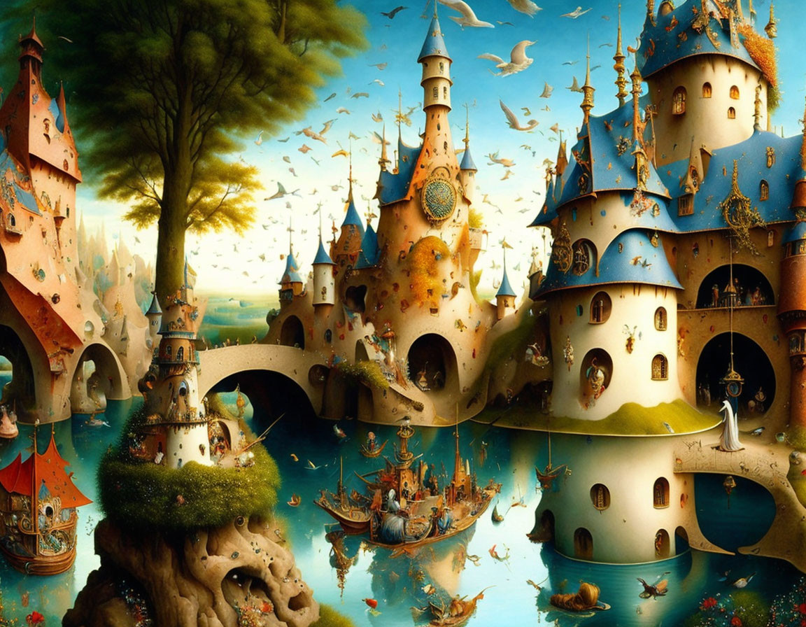 Whimsical castle landscape with towers, arches, lake, greenery, boats, and birds