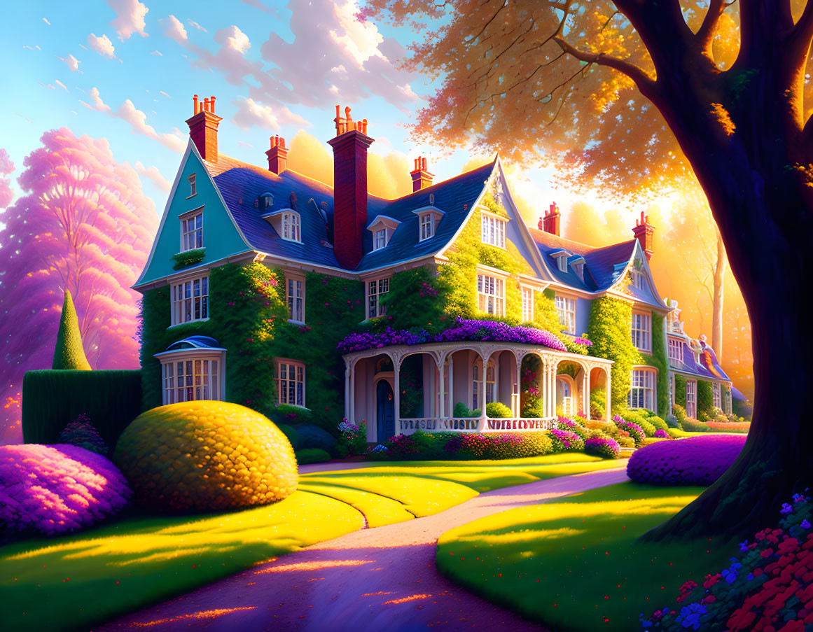 Colorful manor house in vibrant garden at sunset