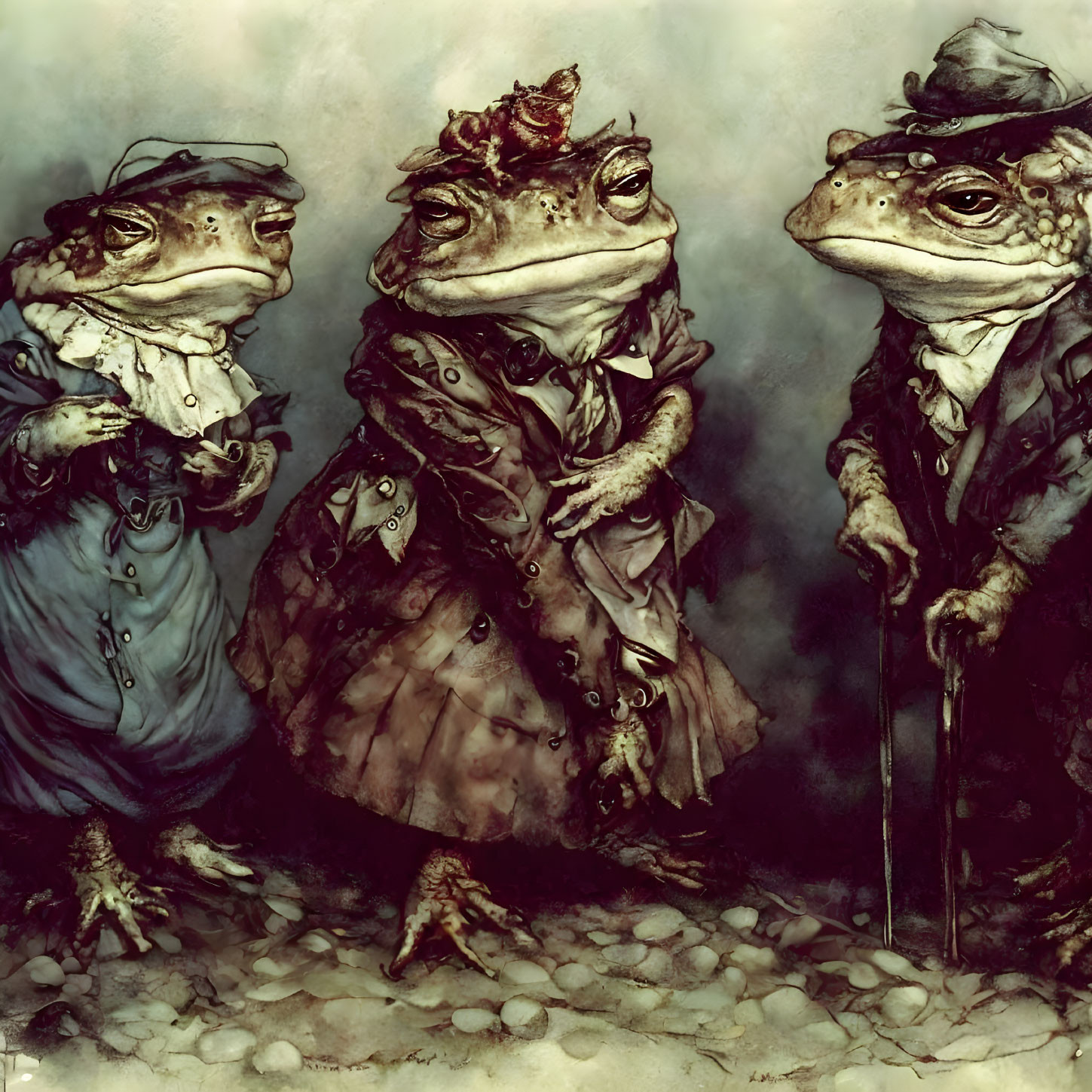 Anthropomorphic Frogs in Victorian Attire with Cane on Moody Vintage Background