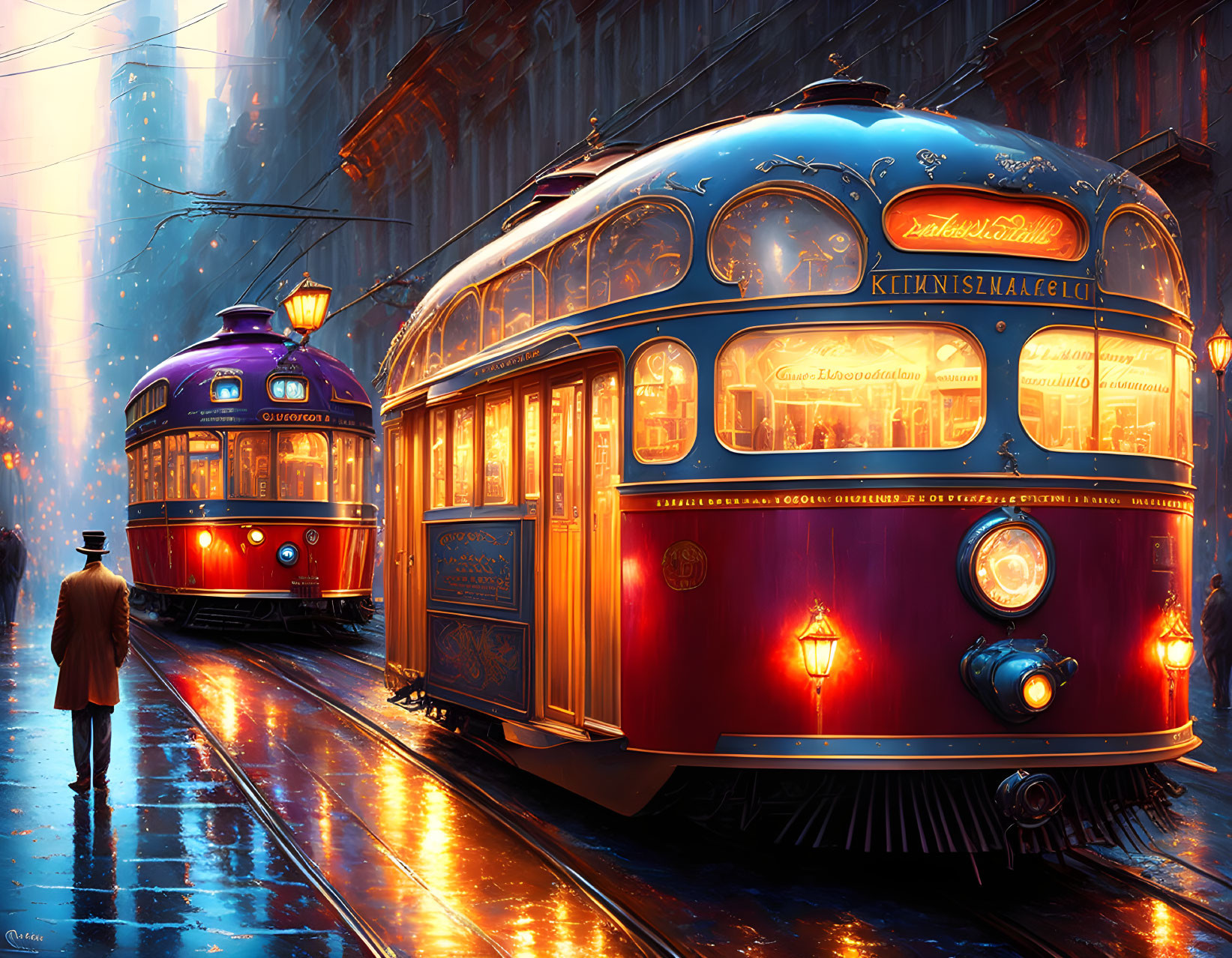 Vintage trams and person on rainy street at night with city lights reflection