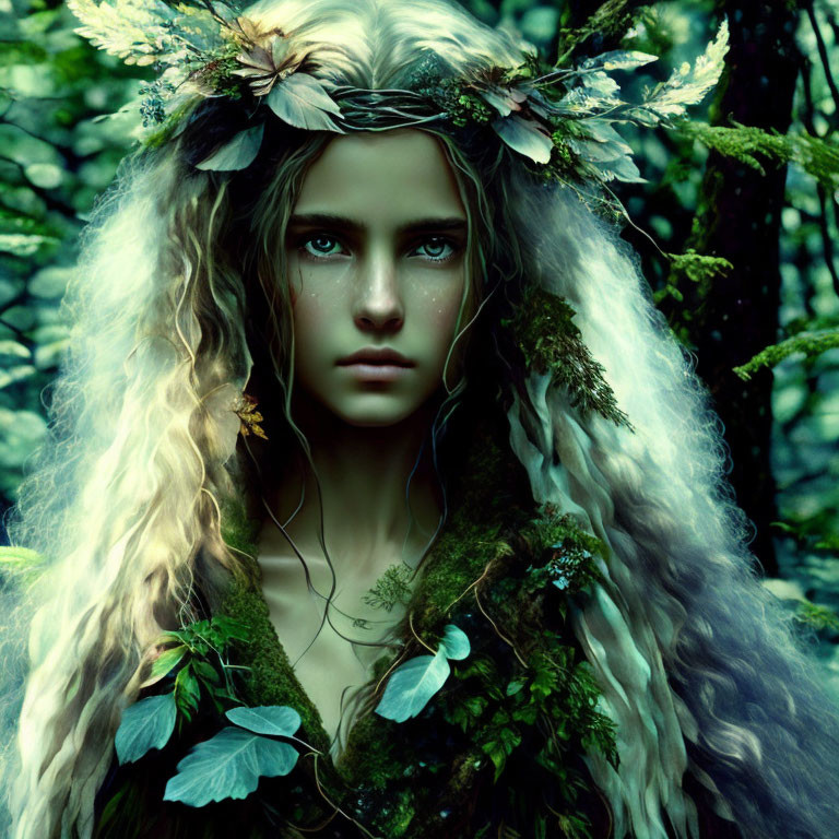 Person with Long Curly Hair in Leafy Crown in Mystical Forest Setting