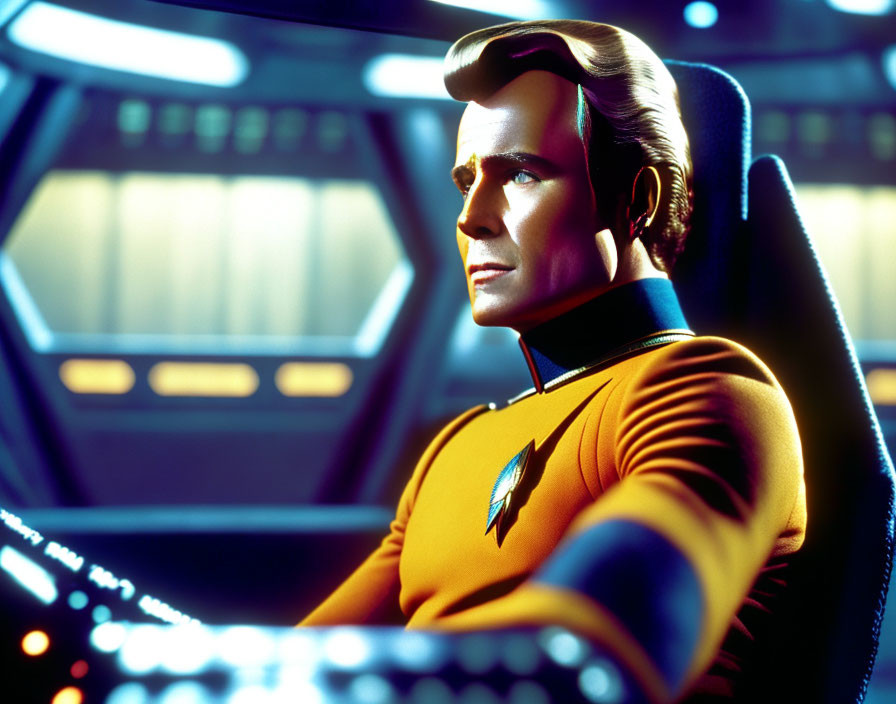 Digital artwork of a man in a yellow Starfleet uniform on a spacecraft bridge