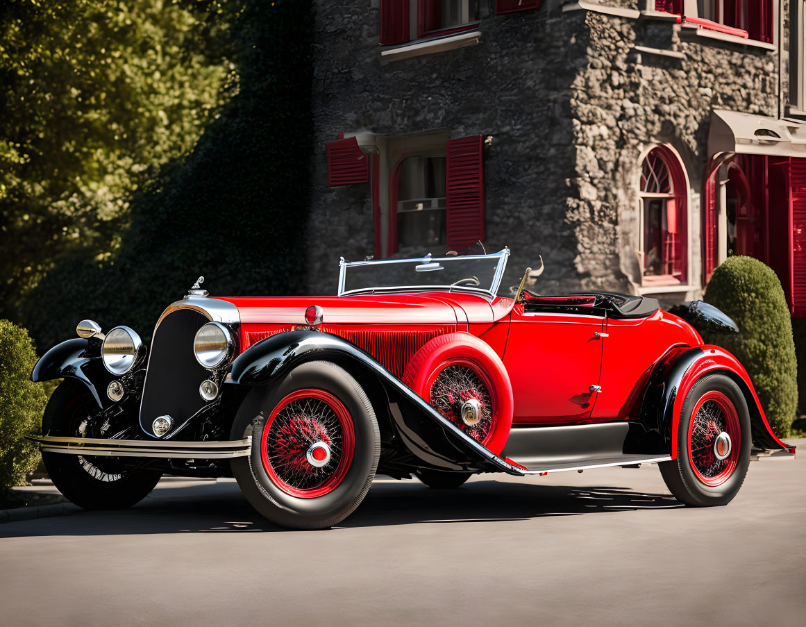 Vintage Red Convertible Car Parked in Front of Stone Building