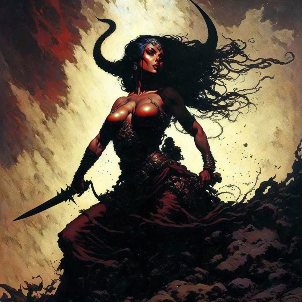 Female warrior with horns in dark outfit wields sword in dramatic setting