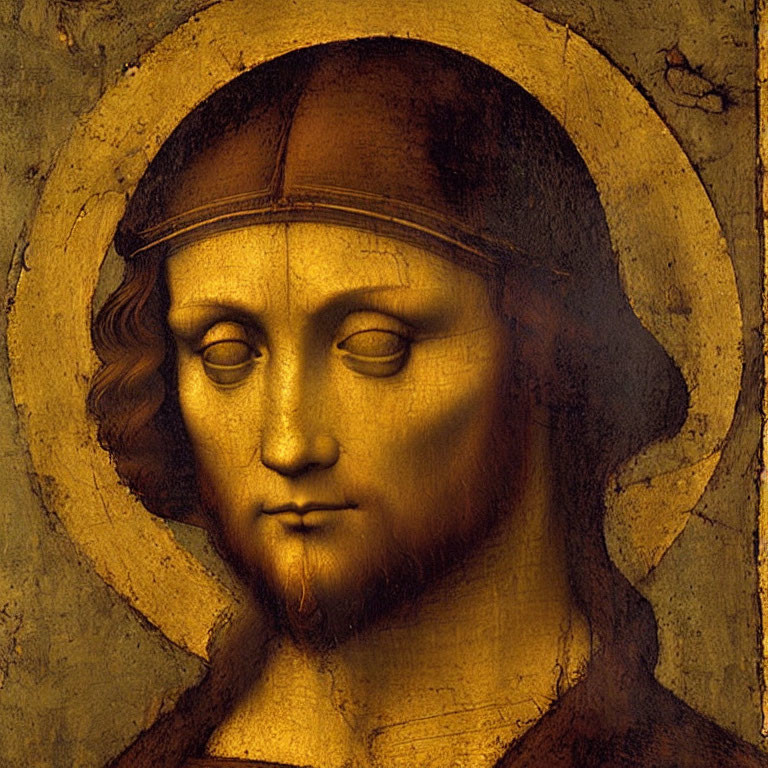 Classic painting close-up: figure with halo, serene expression, brown hair.