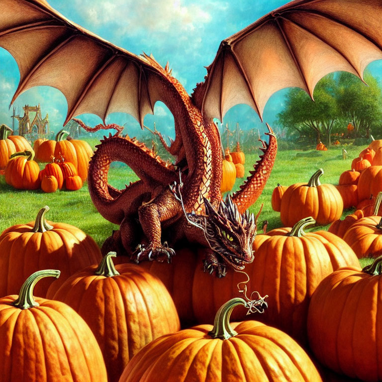 Majestic dragon with extended wings in pumpkin field by fairytale castle