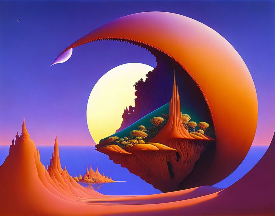 Surreal landscape with large crescent and vivid sunset in serene backdrop