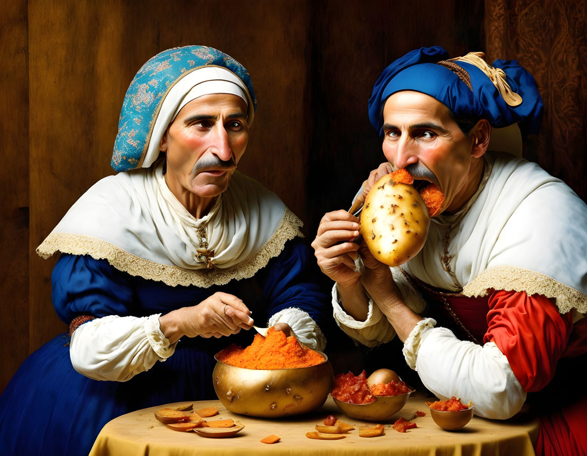 Renaissance-style individuals eating and preparing food