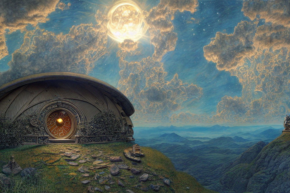 Fantastical landscape with round hobbit-like door under bright moon and layered clouds