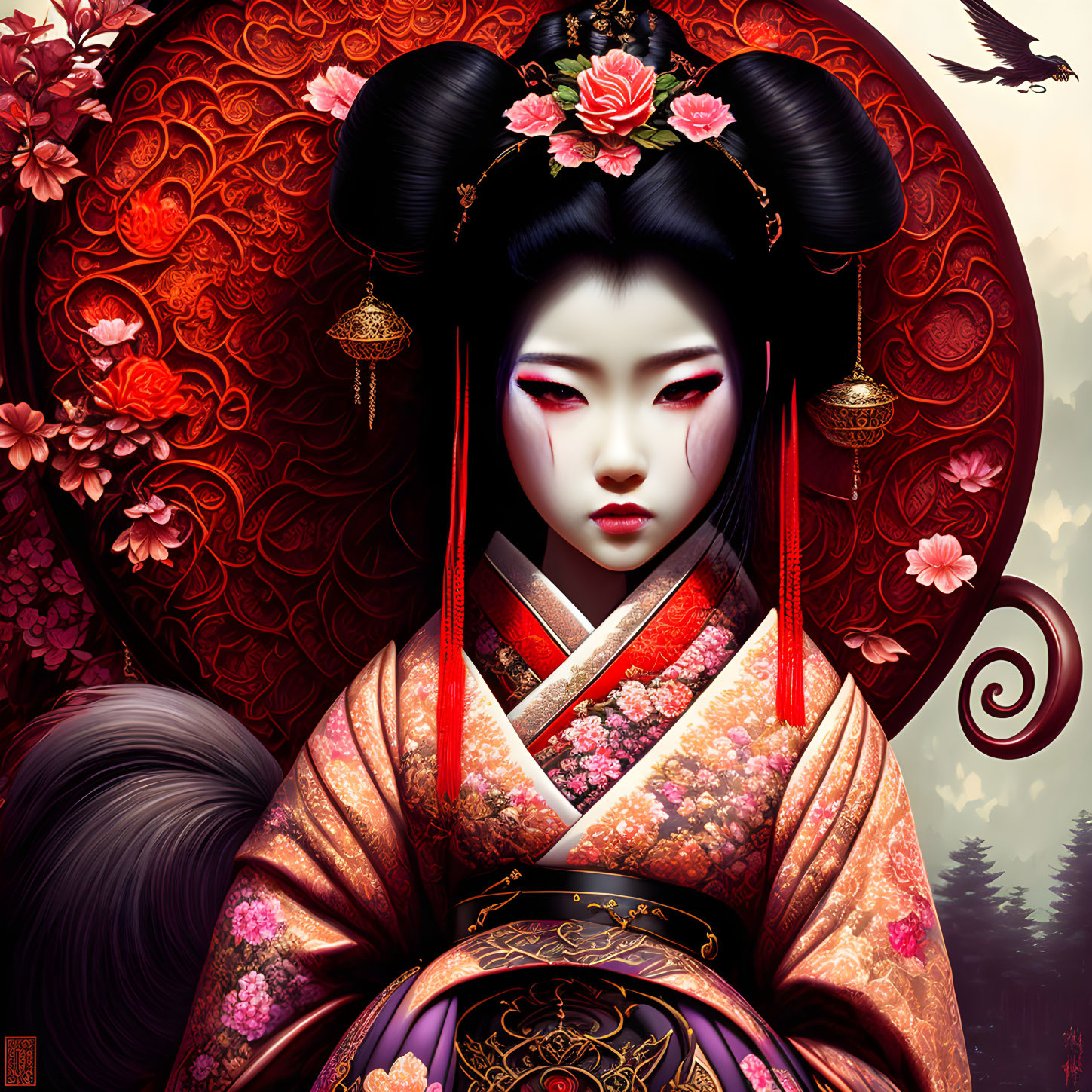 Detailed Geisha Portrait with Pink Flowers and Kimono on Red Background