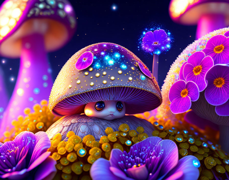 Colorful Turtle with Mushroom Cap Shell and Glowing Patterns Among Vibrant Flowers under Starry Sky