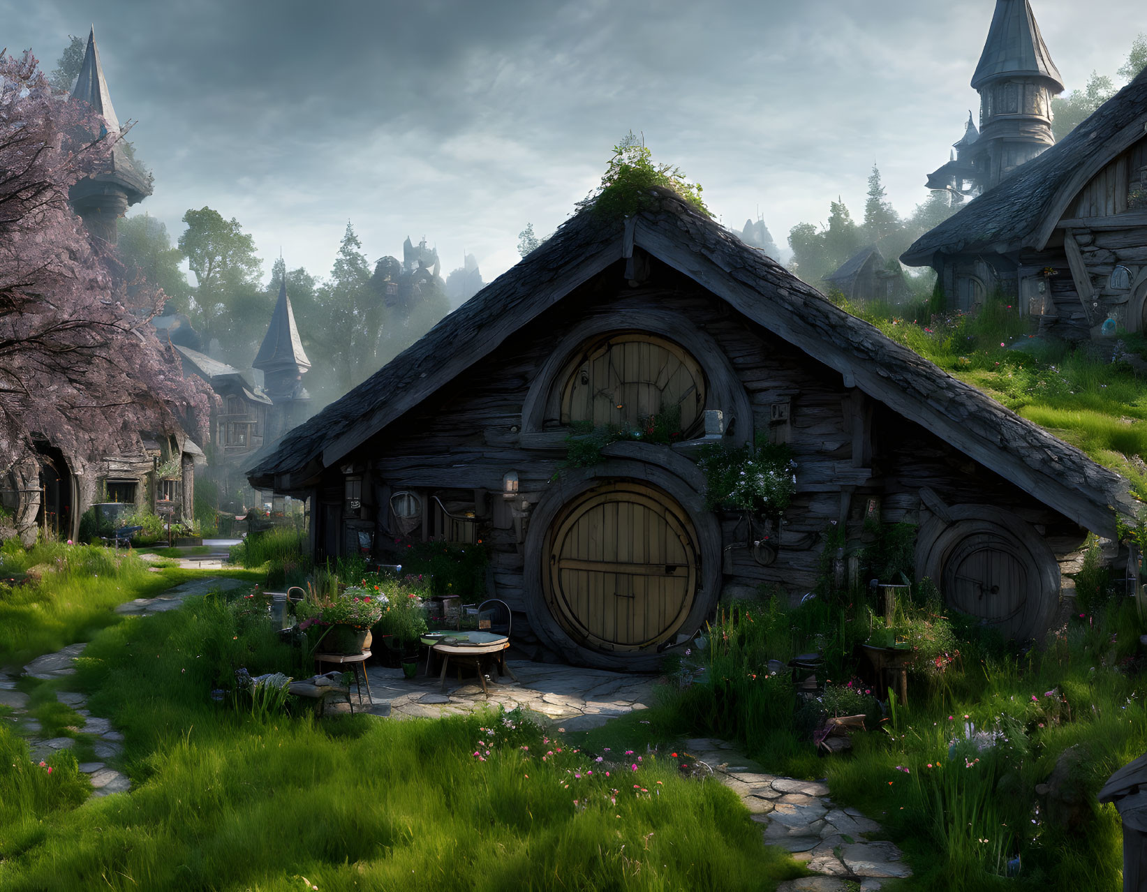 Fantasy cottage digital artwork with round doors and lush greenery