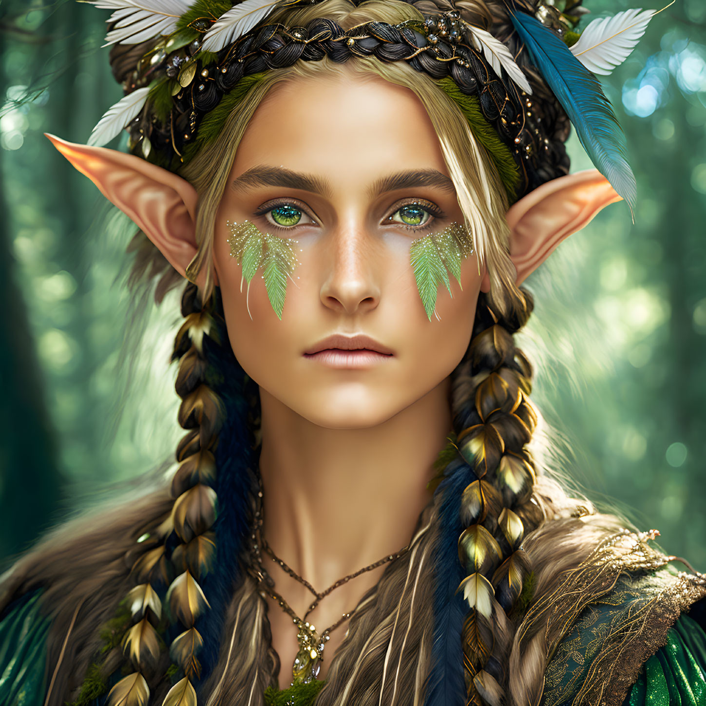 Elf portrait with pointed ears, feathered headwear, braided hair, and green eye makeup in