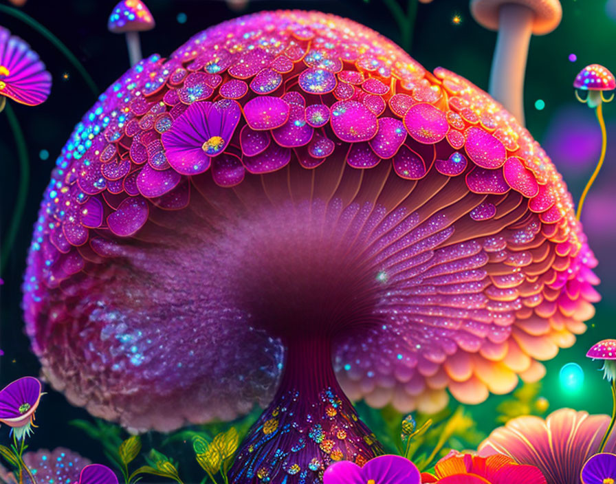 Colorful Mushroom with Flower Cap in Magical Forest