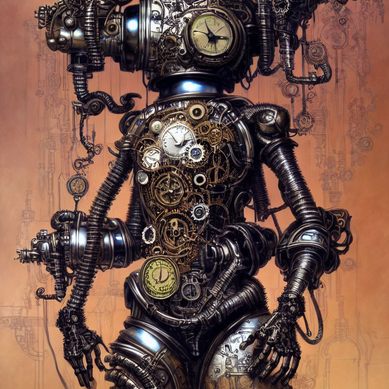 Steampunk robot with clock components and mechanical gears on torso against cog backdrop.