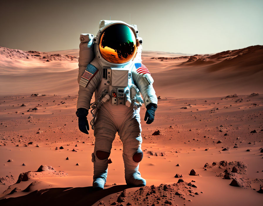 Astronaut in white space suit with American flag on Mars-like landscape