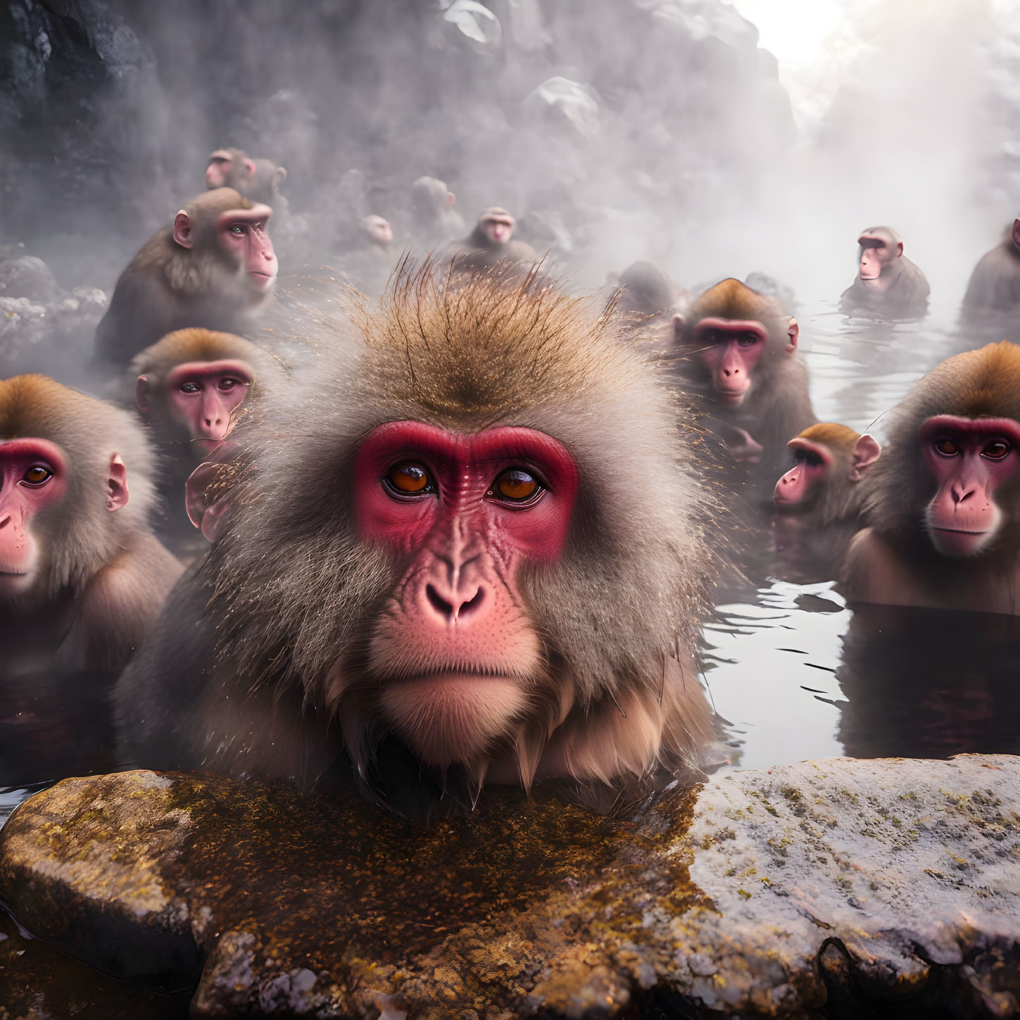 Japanese Macaque Close-Up in Misty Hot Spring