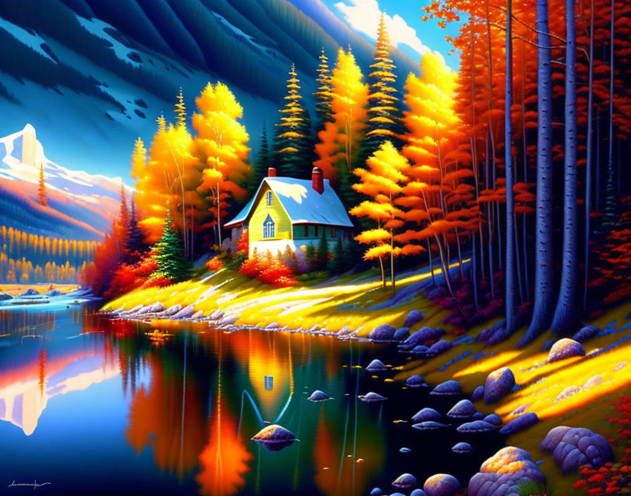 Autumnal landscape: cozy cottage by serene lake, vibrant trees & distant mountains