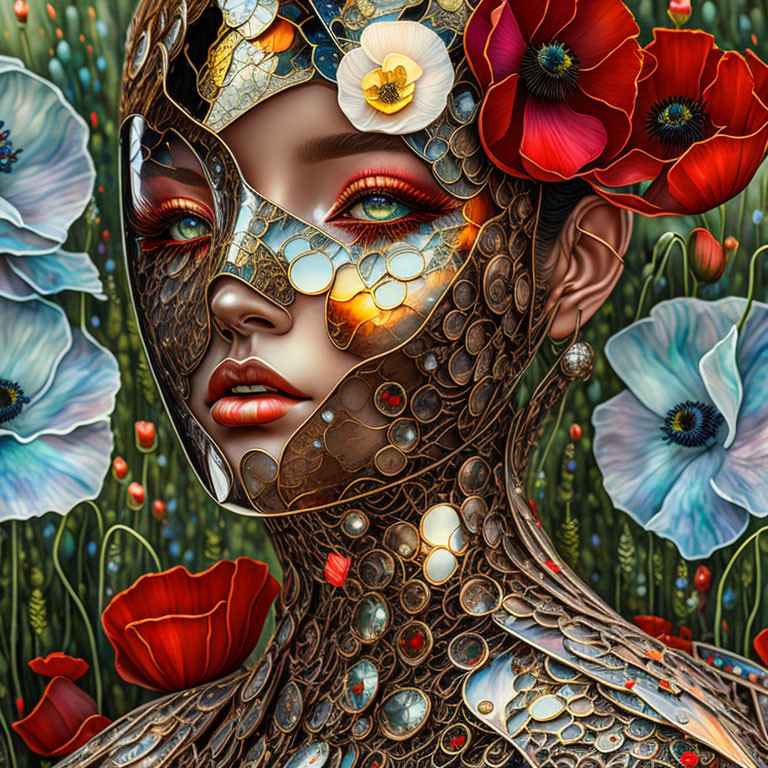 Digital artwork: Woman with floral & mechanical features in red & blue poppies