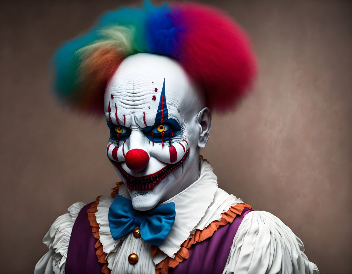 Menacing colorful clown with face paint, vibrant wig, bow tie, and ruffled collar