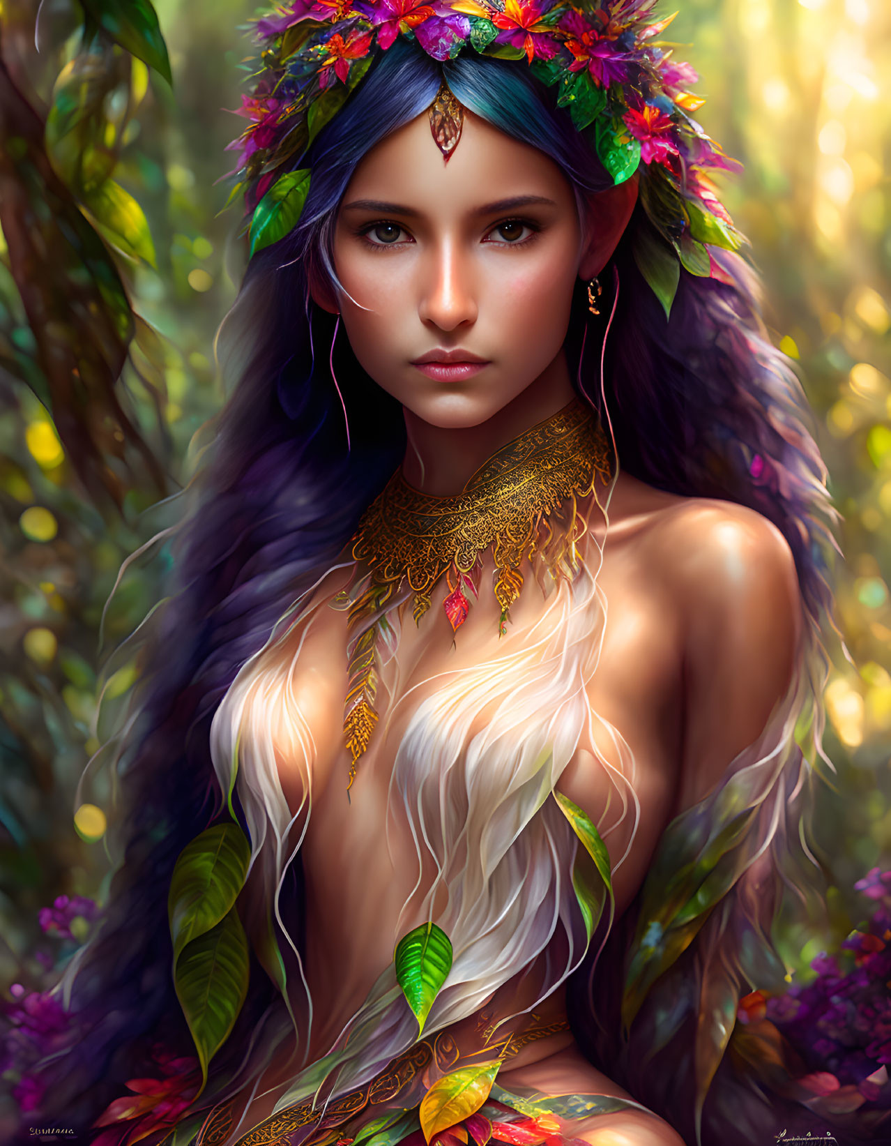 Fantasy illustration: Woman with blue skin, purple hair, floral adornments, enchanted forest.