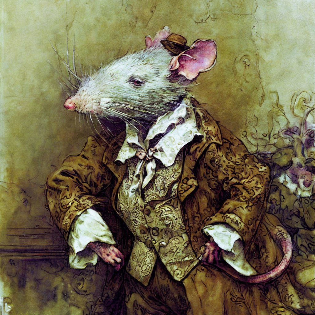 Anthropomorphic rat in 17th-century attire with lace collar and patterned coat