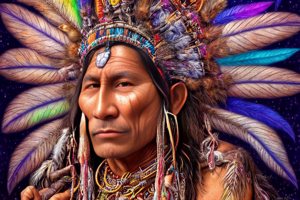 Elaborate Feathered Headdress and Beadwork Portrait Against Starry Background