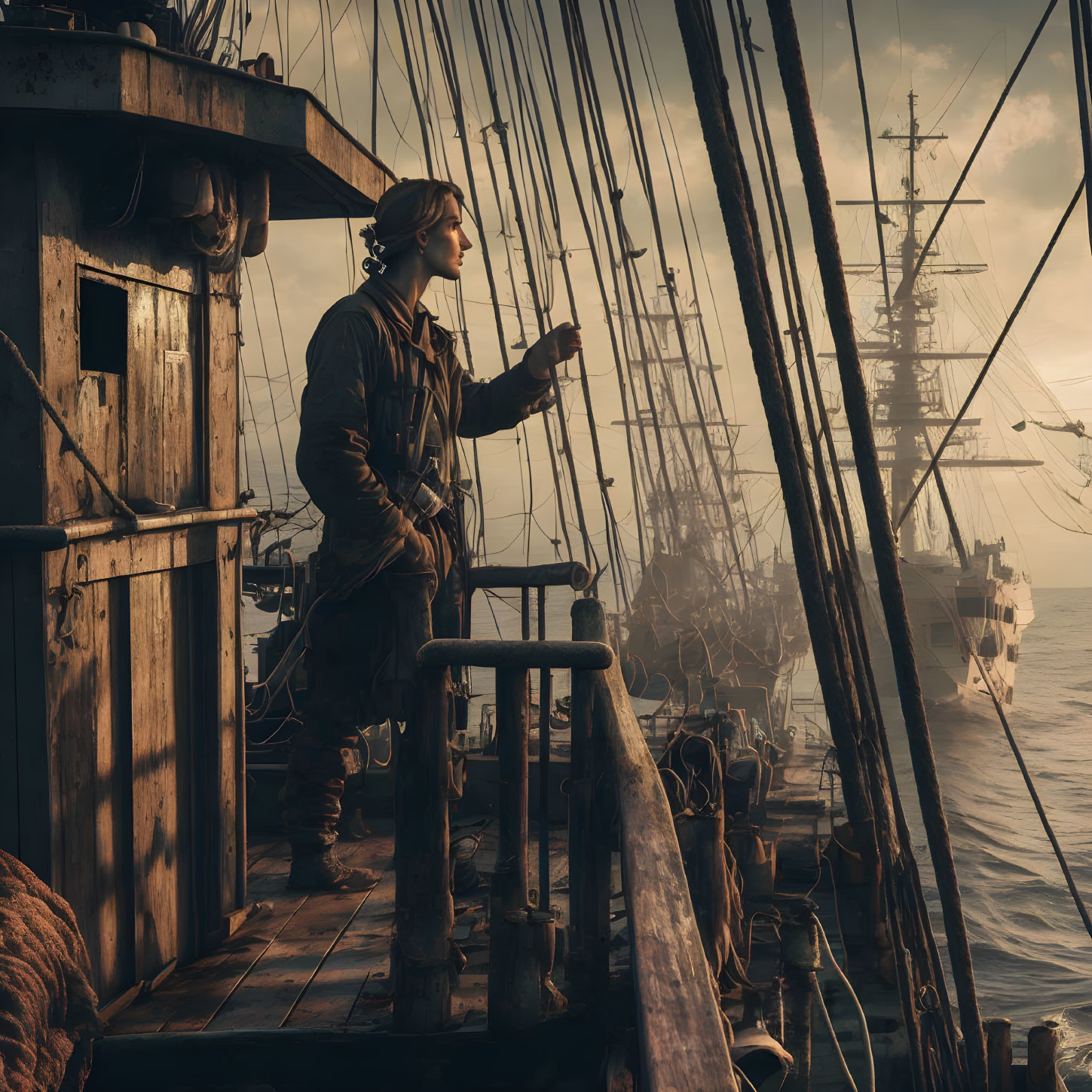 Vintage maritime attire figure on old sailing ship gazes at modern naval vessel in golden sunset