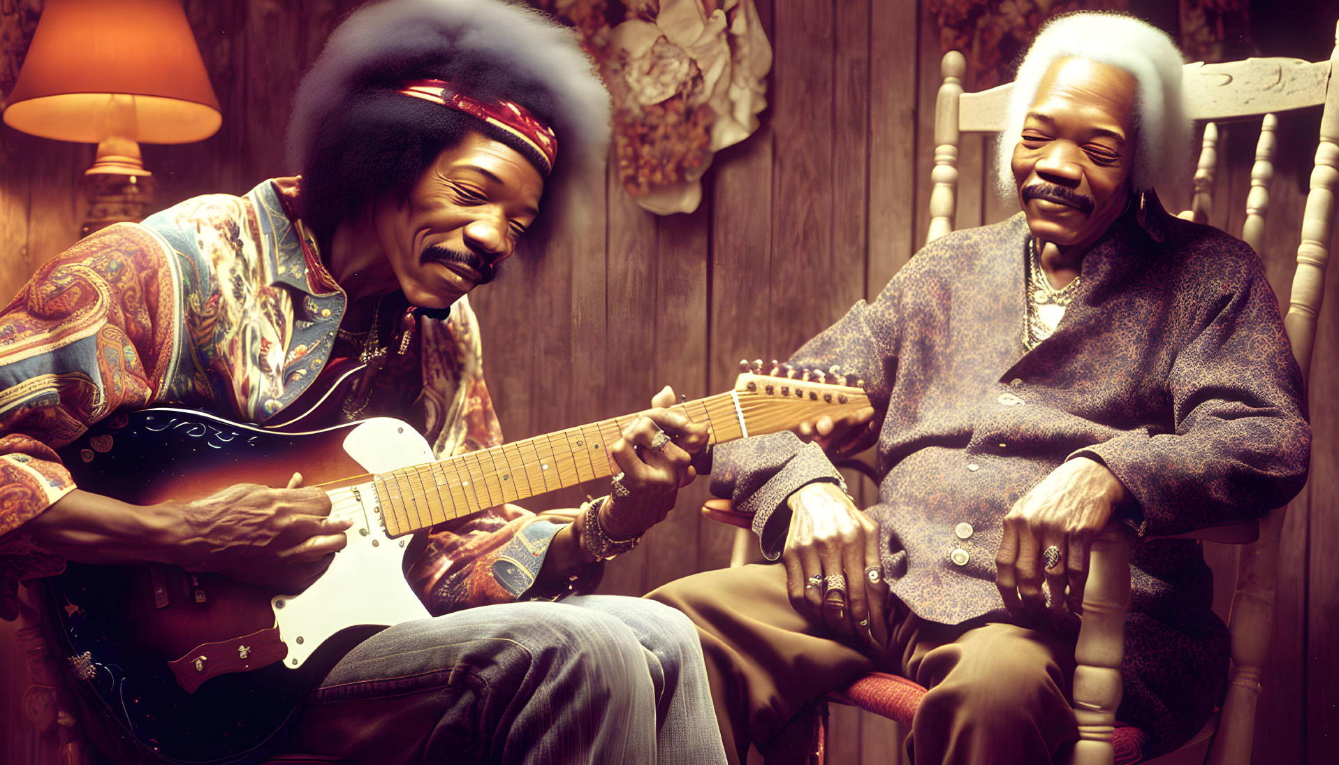 Two men in retro fashion with electric guitar in vintage setting