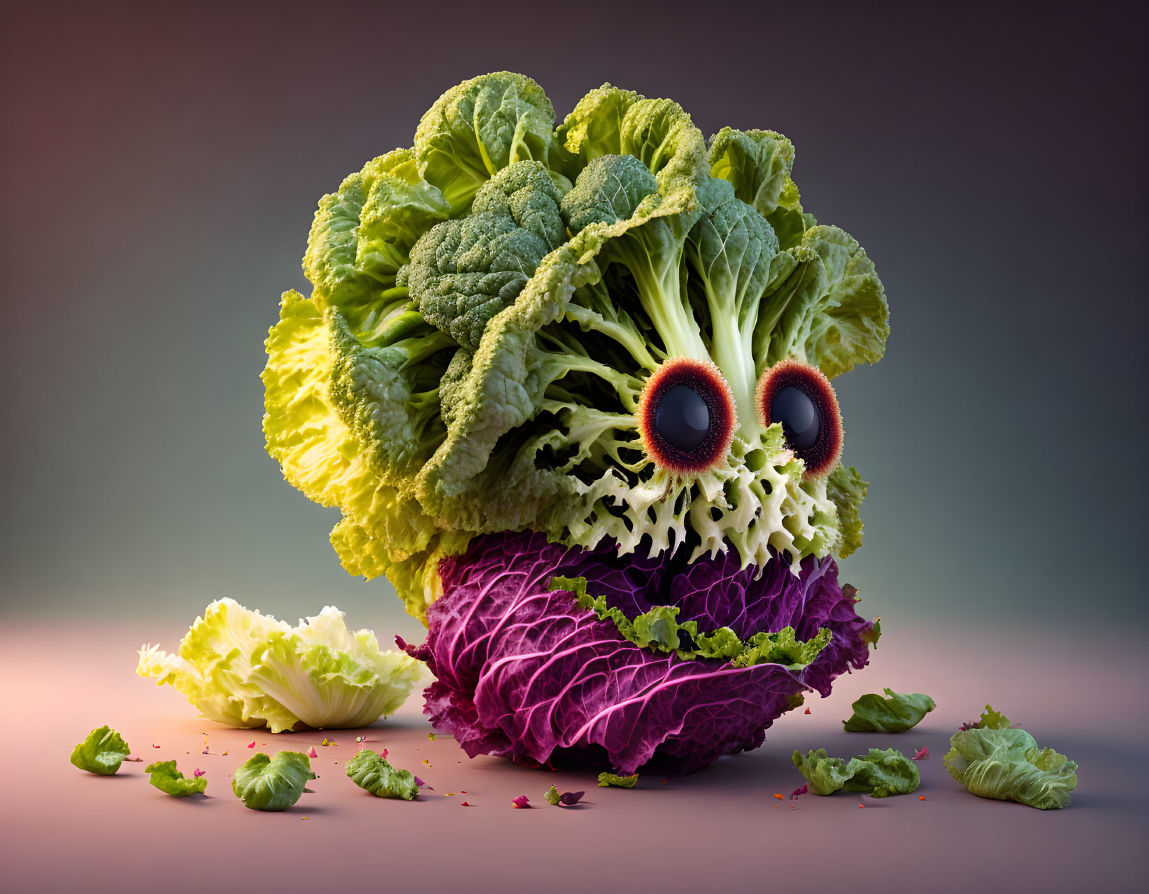 Vegetable face art with leafy greens, red cabbage, and olives