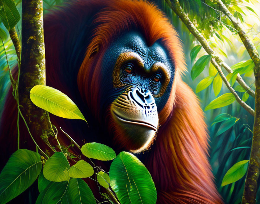 Orangutan digital painting in lush jungle setting