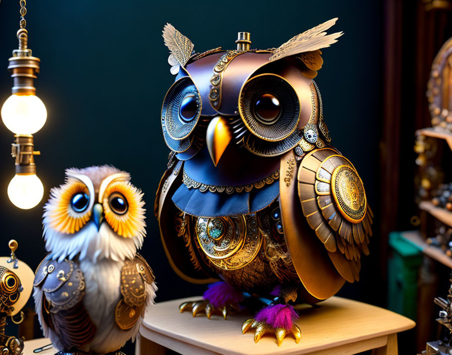 Intricate Mechanical Owls with Ornate Designs on Dark Background