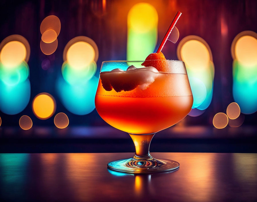 Colorful Cherry Garnished Cocktail in Stemmed Glass Against Blurred Lights