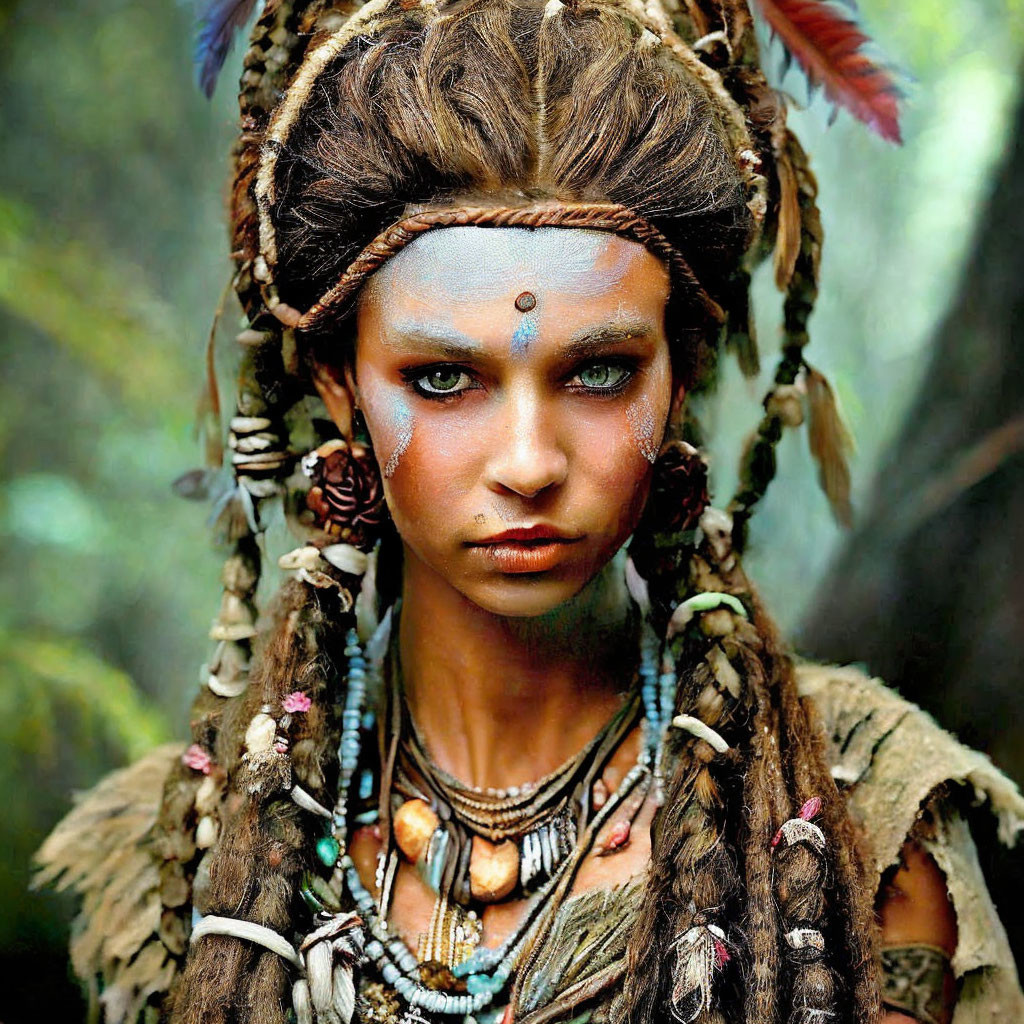 Portrait of a person with tribal makeup, feathers, beads, and shells