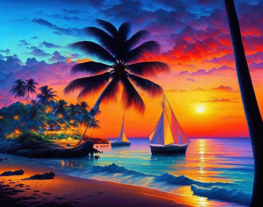 Tropical beach sunset with palm trees, sailboats, and colorful sky