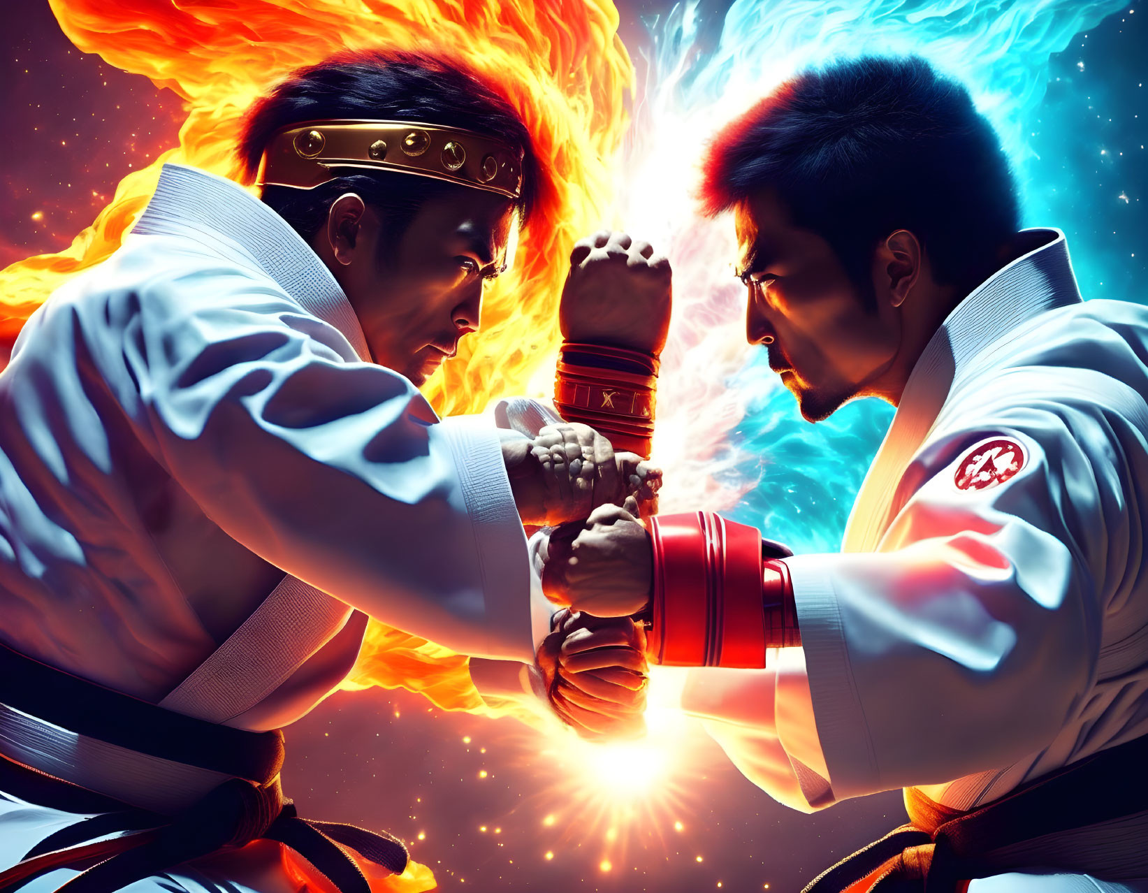 Martial artists in white gi with fiery auras face off