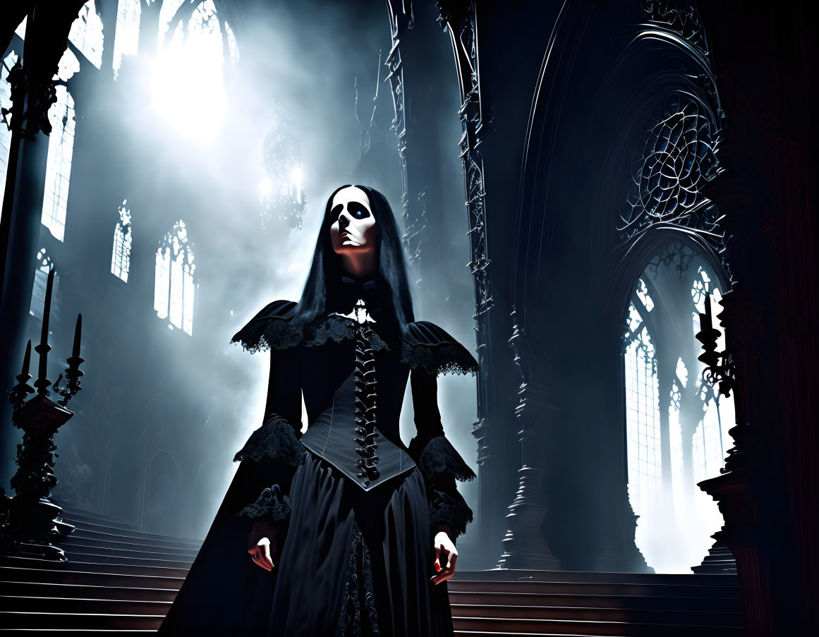 Gothic black dress figure in dimly-lit cathedral with stained-glass windows