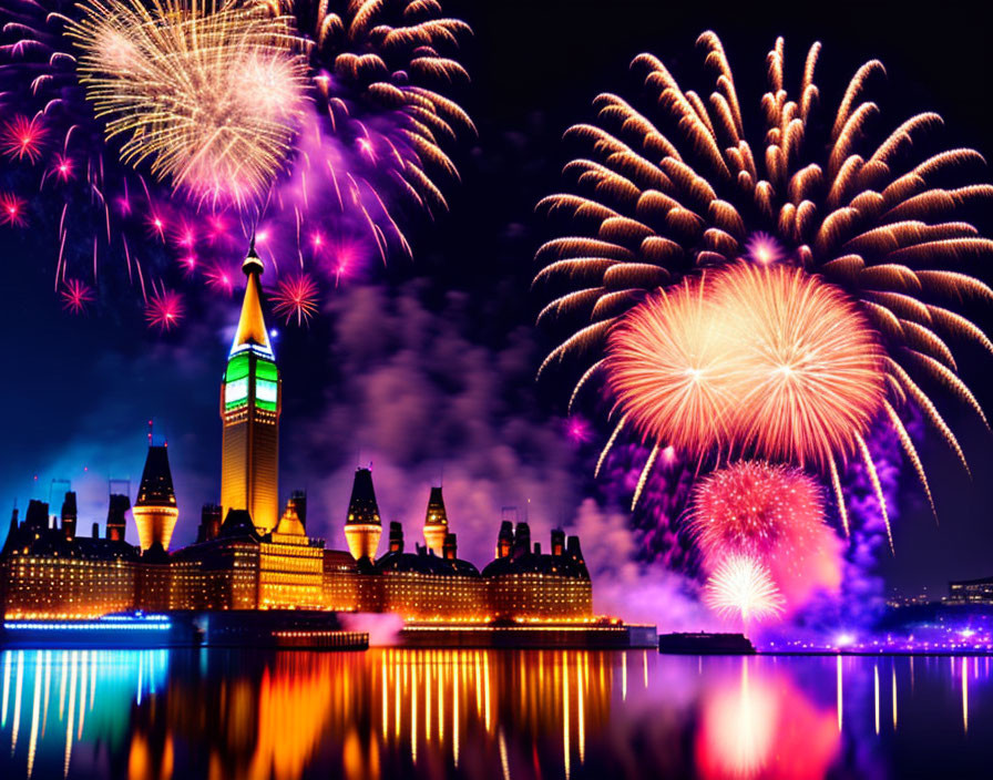 Colorful fireworks illuminate city skyline and water at night