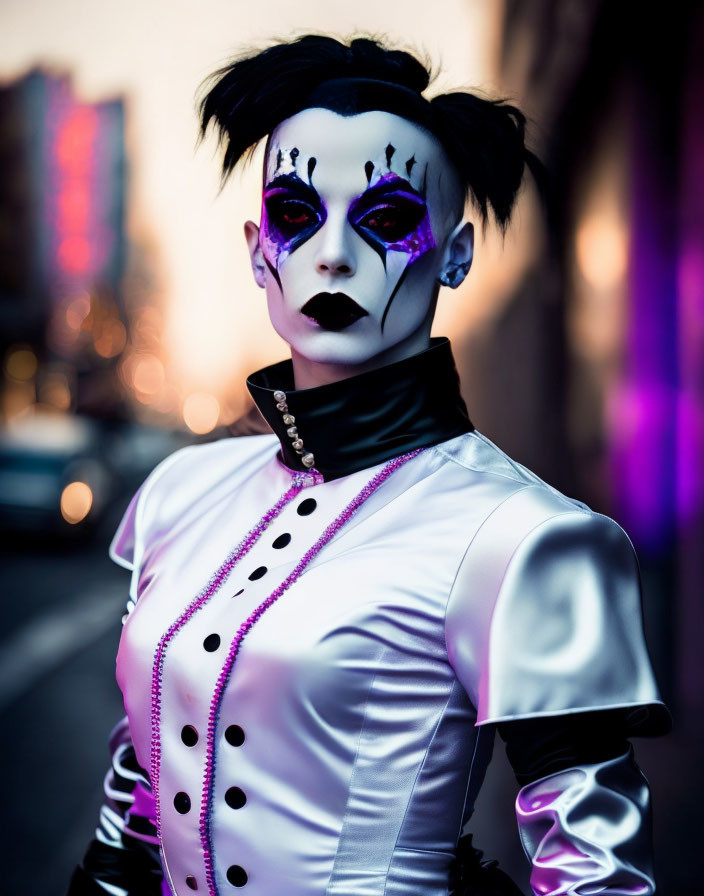 Person in dramatic black and white clown makeup with purple accents on city street