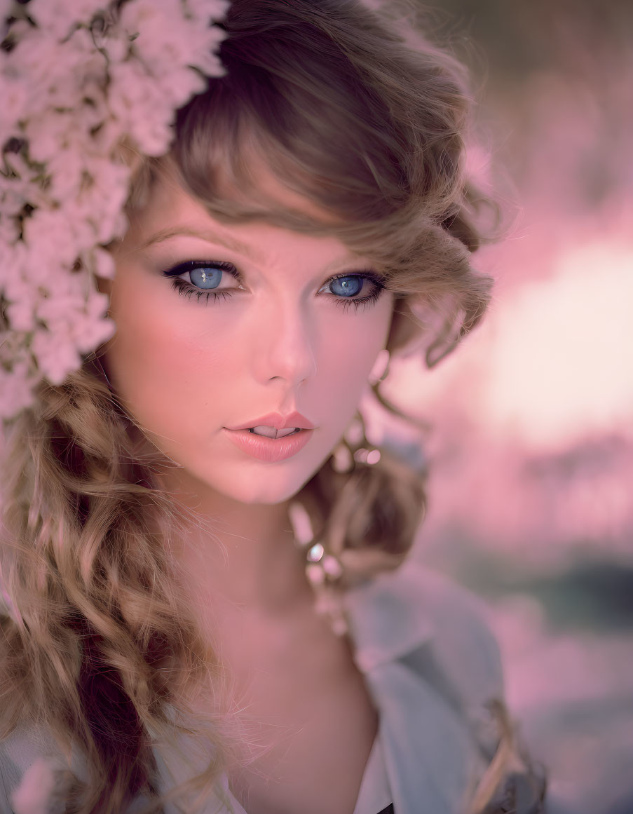 Blue-eyed woman with curly hair and pink blossoms on blurred pink backdrop