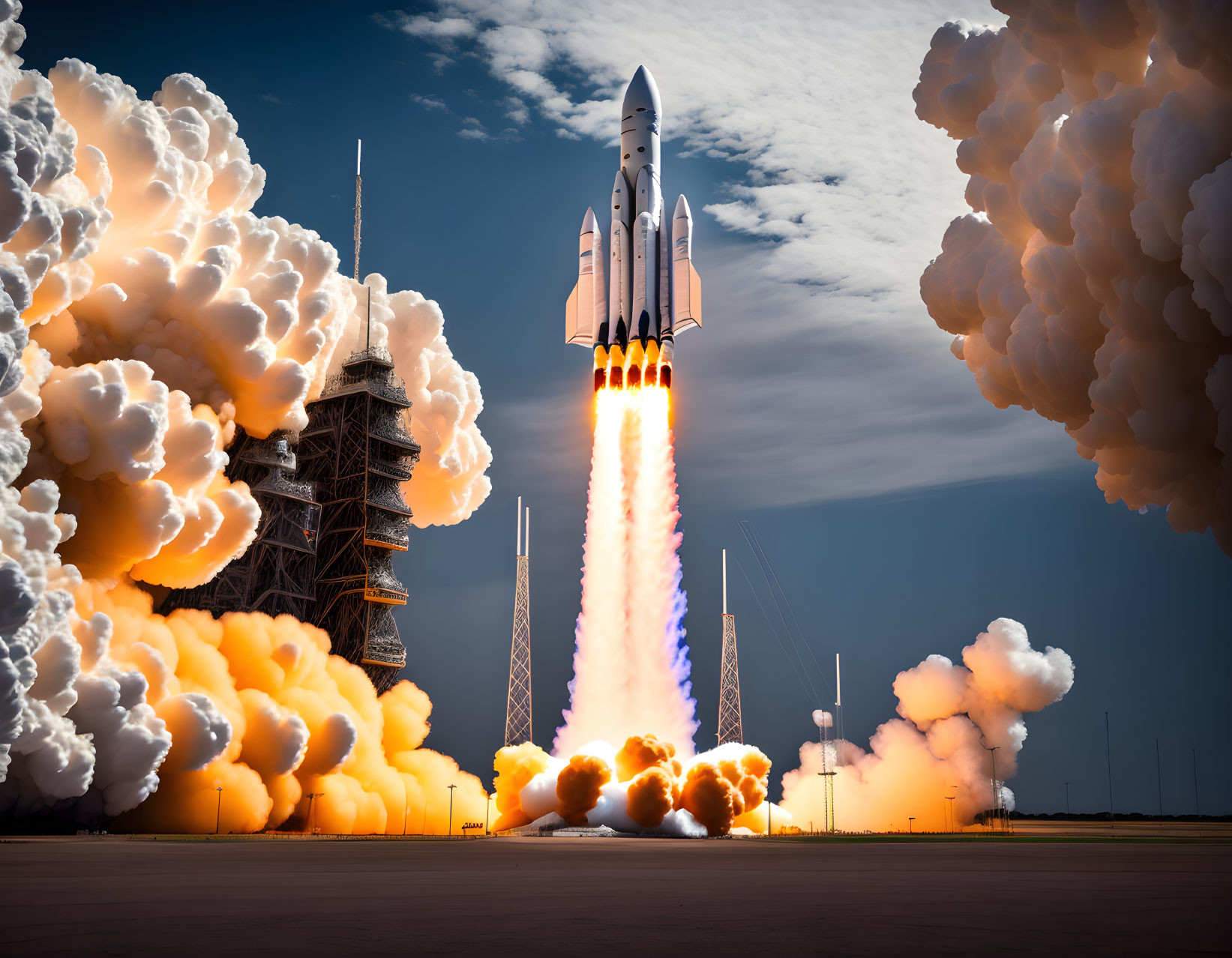 Space Shuttle Launches with Fiery Engines Against Dramatic Sky